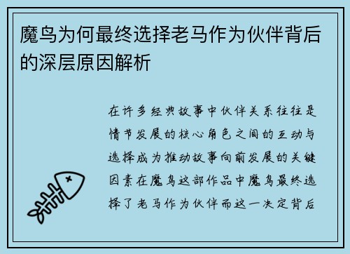 魔鸟为何最终选择老马作为伙伴背后的深层原因解析