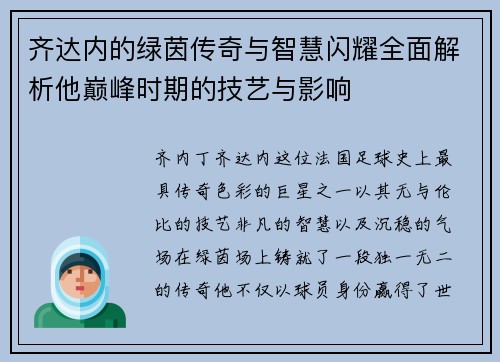 齐达内的绿茵传奇与智慧闪耀全面解析他巅峰时期的技艺与影响